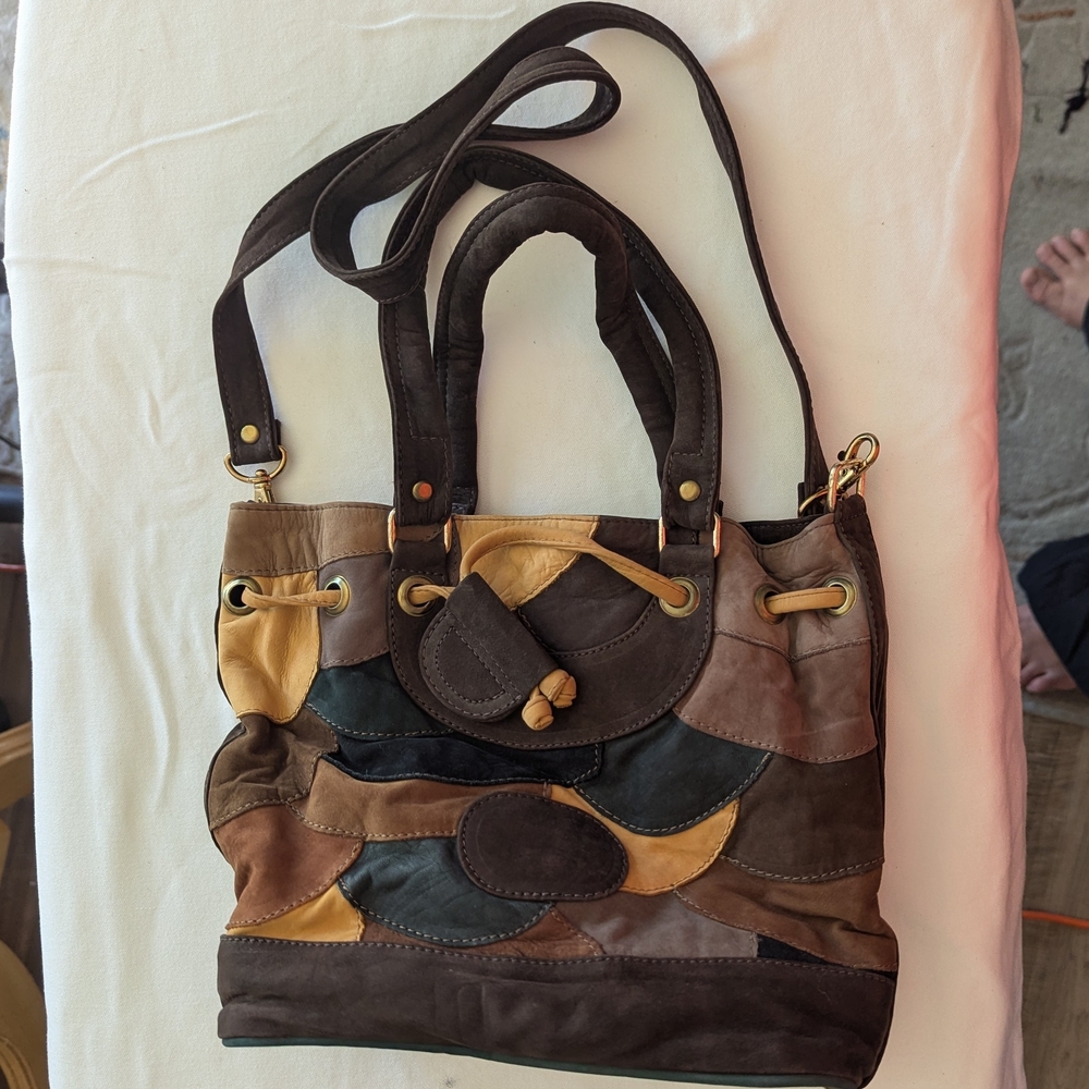 Brown Leather Patchwork, Shoulder Two Handles Pur… - image 4